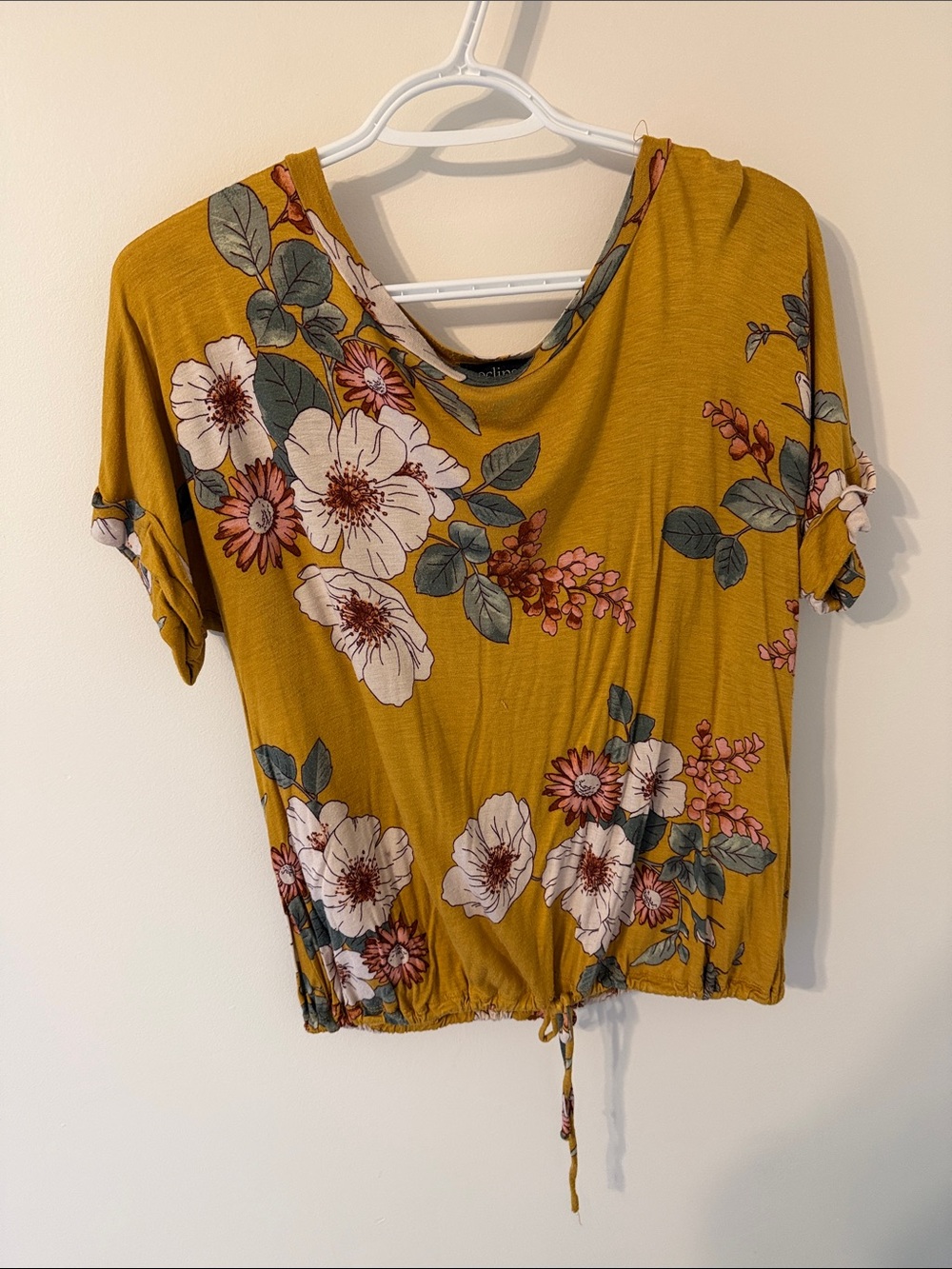 Eclipse Mustard Floral Short Sleeve Drawstring Top